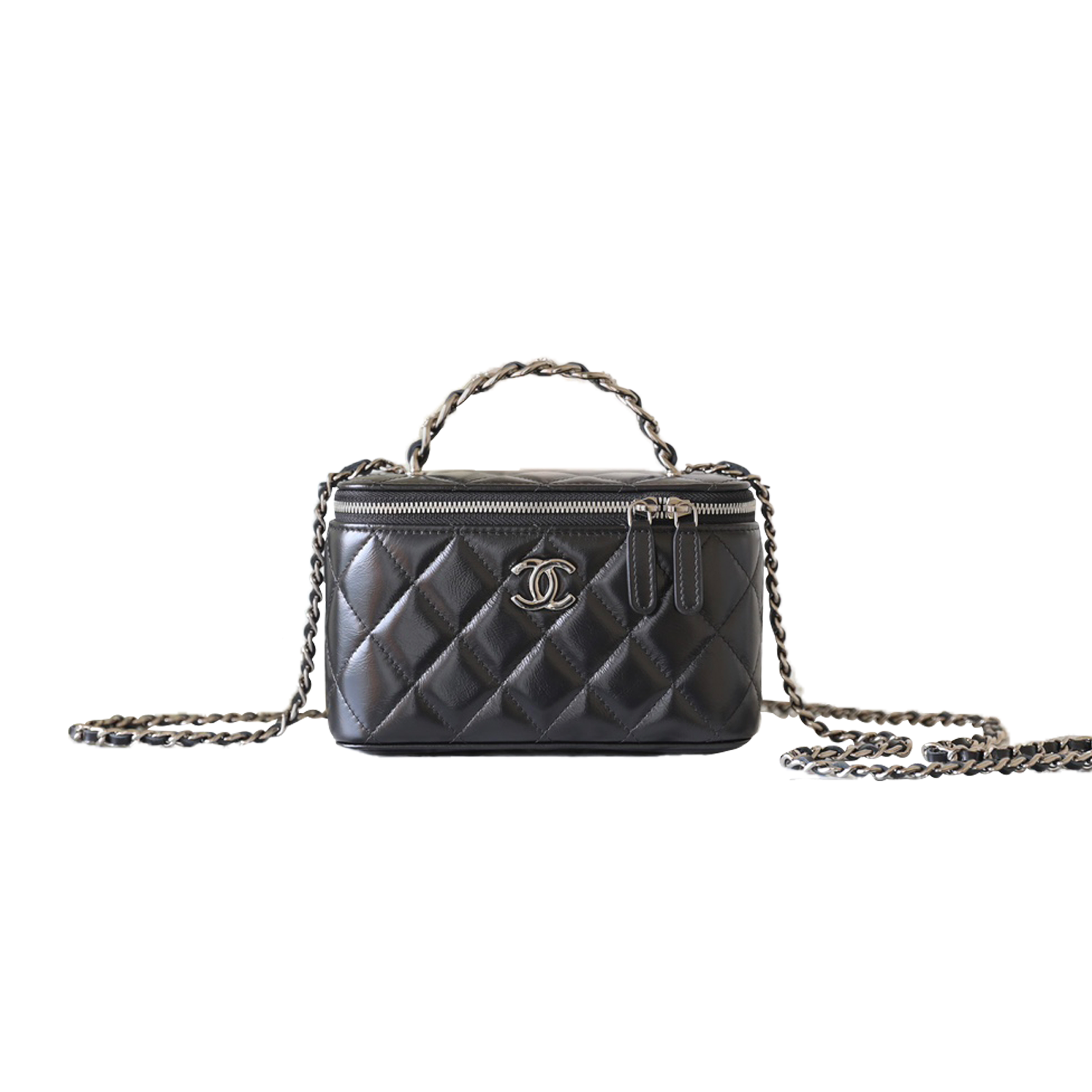 CHANEL MASTER SHINY CALFSKIN QUILTED SMALL CRYSTAL TOP HANDLE VANITY CASE WITH CHAIN BLACK A96030 (17*9.5*7.8cm)